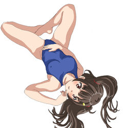  barefoot blue_one-piece_swimsuit breasts brown_eyes brown_hair covered_nipples female hal-py high_school_fleet highleg highleg_swimsuit long_hair looking_to_the_side lying medium_breasts new_school_swimsuit one-piece_swimsuit school_swimsuit simple_background smile solo swimsuit takahashi_chika_(haifuri) twintails white_background 