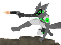  4:3 4_eyes alpha_channel anthro c.a.m. canid canine canis carbon_fiber climbing cybernetic_arm cybernetic_limb cybernetics digital_media_(artwork) feet fluffy fluffy_tail fur green_body green_eyes grey_body grey_fur gun hair handgun holding_gun holding_object holding_ranged_weapon holding_weapon holster jackal kytcrafts led_mask machine male mammal military multi_eye neck_tuft pistol prosthetic protogen ranged_weapon revolver screen screen_face shooting simple_background smile solo spec_ops special_forces tail thrusters transparent_background tuft weapon yuri_chacal 