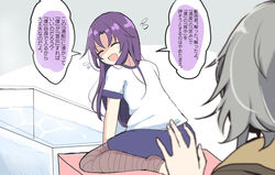  2others androgynous bandaged_leg bandages blue_shorts clause_(len&#039;en) commentary_request grey_hair gym_uniform highres houlen_yabusame kneeling len&#039;en long_hair multiple_others nervous nervous_smile other_focus ougi_hina parted_bangs purple_hair shirt shorts smile sweat sweatdrop translation_request water white_shirt 