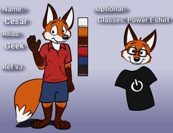  anthro barefoot black_clothing black_nose black_shirt black_t-shirt black_topwear blue_background blue_bottomwear blue_clothing blue_pants blue_shorts bottomwear brown_body brown_fur canid canine clothing color_chart detailed_background english_text eyewear feet fox fur geekfox geekfox_(character) gesture glasses gradient_background male mammal model_sheet on_off_switch orange_body orange_fur pants pattern_clothing pattern_shirt pattern_t-shirt pattern_topwear polo_shirt red_clothing red_polo_shirt red_shirt red_topwear shadow shirt shorts simple_background smile solo t-shirt teeth_showing text topwear waving 