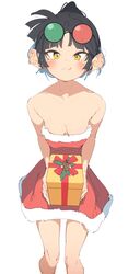  3d_glasses an-an_lee bare_arms bare_shoulders black_hair blush breasts cleavage closed_mouth dress eyewear_on_head feet_out_of_frame female gift highres holding holding_gift licking_lips looking_at_viewer rasusurasu reverse:1999 santa_dress simple_background small_breasts smile solo strapless strapless_dress sunglasses tongue tongue_out white_background yellow_eyes 