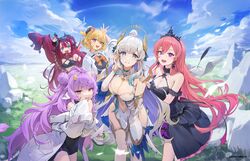  5girls :d arm_up black_dress black_horns blonde_hair blue_eyes blue_sky breasts cleavage cloud colored_inner_hair day double_bun dress eimi_isami goggles goggles_on_head grass grey_hair hair_bun hansum highres hikanari_hina horizon horns jacket long_hair looking_at_viewer medium_breasts multicolored_hair multiple_girls muu_muyu open_mouth outdoors phase_connect purple_eyes purple_hair red_eyes red_hair runie_ruse saya_sairroxs short_hair sky sleeves_past_fingers sleeves_past_wrists smile standing thighhighs virtual_youtuber w white_jacket white_thighhighs 