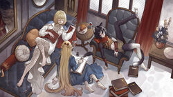  3girls alcohol animal_ears ankle_ribbon arm_at_side arm_support armchair armor bare_shoulders barefoot black_fur black_hair blonde_hair blue_dress blue_shawl bob_cut body_fur book book_stack bow braid brown_skirt cat_ears cat_girl cat_tail chair chalice clock closed_eyes couch crop_top cup curtains doll dress dungeon_meshi elf falin_touden falin_touden_(tallman) feathers flower food fork french_braid from_above grandfather_clock hairbow half_updo hand_up high-low_skirt holding holding_quill indoors ink_bottle izutsumi juliet_sleeves knee_up laios_touden leather_armor leg_lift leg_ribbon long_hair long_sleeves lying marcille_donato midriff mirror mismatched_animal_ear_colors multiple_girls on_back on_floor open_mouth pekoe-ji pie pie_slice pillow plate pointy_ears portrait_(object) puffy_long_sleeves puffy_sleeves quill red_bow red_scarf ribbon rose scarf shawl short_hair sitting skirt sleeping sleeveless spoilers tail talking twitter_username two-sided_fabric vase white_dress white_flower white_rose window wine yaad_(dungeon_meshi) yellow_flower yellow_rose yokozuwari 