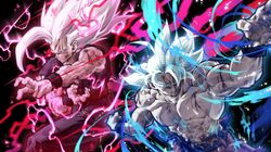  2boys abs antenna_hair aura bakarott battle biceps bleeding blood bruise commentary dirty dougi dragon_ball dragon_ball_super dragon_ball_super_super_hero electricity english_commentary father_and_son fighting_stance glowing gohan_beast highres injury male_focus multiple_boys muscular muscular_male pectorals serious son_gohan son_goku spiked_hair ultra_instinct white_hair wristband 