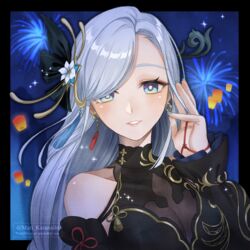  bare_shoulders black_dress blue_eyes commentary_request dress earrings female genshin_impact grey_hair grin hair_ornament hand_up highres jewelry karanashi_mari long_hair parted_lips shenhe_(frostflower_dew)_(genshin_impact) shenhe_(genshin_impact) smile solo upper_body very_long_hair 