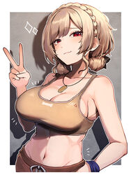  :3 bare_shoulders border bow braid breasts brown_hair brown_shorts brown_sports_bra crown_braid dog_tags double_bun female furen_e_lustario furen_e_lustario_(5th_costume) hair_bun hairbow hand_on_own_hip hatyuuruinohito highres large_breasts looking_at_viewer medium_hair midriff navel nijisanji red_eyes shorts sideboob smile smug solo sparkle sports_bra stomach sweatband v virtual_youtuber white_border 