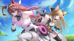  2girls absurdres ahoge animal_ears armor black_thighhighs blonde_hair blue_eyes braid breastplate breasts brown_hair cleavage commission company_connection cygames french_braid granblue_fantasy grey_skirt hairband highleg highleg_leotard highres hikari_(hikaripauwa) horse_ears horse_girl horse_tail large_breasts leotard long_hair looking_at_viewer lowleg lowleg_skirt mihono_bourbon_(umamusume) miniskirt multiple_girls necktie red_eyes skeb_commission skirt tail thighhighs umamusume very_long_hair white_leotard white_thighhighs yuisis_(granblue_fantasy) 