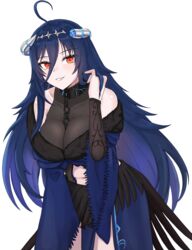  absurdres ahoge black_collar blue_hair blue_horns breasts broken_horn chains clothing_cutout collar covered_collarbone demon_girl demon_horns female fur_trim grey_horns hair_between_eyes hand_in_own_hair highres horns kuon_bb large_breasts long_hair multicolored_horns navel navel_cutout oumiya_emma prism_project red_eyes shoulder_cutout slit_pupils solo two-tone_horns virtual_youtuber 