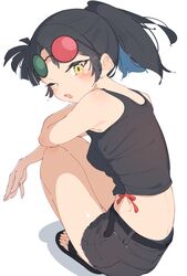  3d_glasses an-an_lee bare_arms black_hair black_shorts black_tank_top breasts eyewear_on_head female full_body highres long_hair looking_at_viewer looking_back one_eye_closed open_mouth ponytail rasusurasu reverse:1999 sandals shorts simple_background small_breasts solo squatting sunglasses tank_top white_background yellow_eyes 