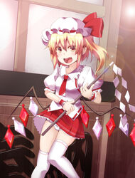  blonde_hair breasts collared_shirt contemporary crystal feet_out_of_frame female flandre_scarlet frilled_shirt_collar frilled_sleeves frills gohei hat hat_ribbon holding holding_gohei indoors knees_together_feet_apart long_hair looking_at_viewer medium_breasts mob_cap multicolored_wings necktie no_vest oerba_yun_fang one_side_up open_mouth pleated_skirt pointy_ears puffy_short_sleeves puffy_sleeves rando_seru red_necktie red_ribbon red_skirt ribbon ribbon-trimmed_headwear ribbon_trim shirt short_sleeves skin_fang skirt sleeve_ribbon solo thighhighs touhou white_hat white_shirt white_thighhighs wings wrist_cuffs yellow_eyes 