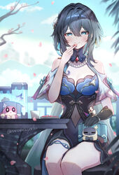  bare_shoulders bead_necklace beads black_hair blue_dress blue_eyes blue_sky blush brooch cherry_blossoms clothing_cutout cloud commentary_request covered_navel critter_pick_(honkai:_star_rail) cup day dress feet_out_of_frame feline female hand_up highres honkai:_star_rail honkai_(series) jewelry long_hair looking_at_viewer march_7th_(honkai:_star_rail) march_7th_(ice_cake)_(honkai:_star_rail) nanamo_yado necklace outdoors petals ruan_mei_(honkai:_star_rail) ruan_mei_(lambda&#039;s_friend)_(honkai:_star_rail) short_sleeves shoulder_cutout sitting sky smile table thigh_strap 