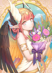  absurdres armlet bare_shoulders bouquet bow bracelet breasts brown_wings circe_(fate) circlet cloud daisan_oujo fate/grand_order fate_(series) feathered_wings female flower head_wings highres holding holding_bouquet jewelry long_hair looking_at_viewer navel necklace picture_frame pink_flower pink_hair pointy_ears purple_bow skirt sky sleeveless small_breasts smile solo white_flower winged_hair_ornament wings 