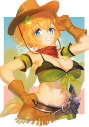  animal_ears armpits bikini blue_eyes blue_sky blush border breasts brown_gloves cactus cleavage commentary_request cowboy_hat eltir female front-tie_bikini_top front-tie_top gloves green_bikini gun hair_between_eyes hair_ornament hand_on_own_hip hat hat_on_back headwear_request highres holster holstered horse_ears horse_girl horse_tail large_breasts looking_at_viewer medium_hair navel open_mouth outdoors ponytail revolver simple_background sky smile solo star_(symbol) star_hair_ornament swimsuit taiki_shuttle_(umamusume) tail umamusume upper_body weapon white_border 