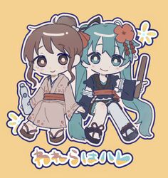  2girls alternate_costume black_shirt black_sleeves blue_eyes blue_hair blush bright_pupils brown_eyes brown_hair cai_(cabbage_0j0) closed_mouth commentary cropped_shirt detached_sleeves drink flower full_body hair_bun hair_flower hair_ornament hand_on_hand hand_up hatsune_miku highres holding holding_drink index_finger_raised invisible_chair japanese_clothes kanzashi kimono long_hair looking_at_viewer multiple_girls obi okobo orange_background outline ramune sandals sash shirt short_hair simple_background single_hair_bun single_leg_pantyhose sitting smile socks song_name symbol-only_commentary taiko_sticks twintails very_long_hair vocaloid warera_wa_hare_(vocaloid) white_outline white_pupils white_socks wide_sleeves yukata 