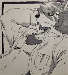  2024 absurd_res anthro breast_pocket canid canine canis chest_tuft clothed clothing domestic_dog dress_shirt eyewear facial_hair fur glasses goatee grey_body grey_fur hair hi_res husky long_hair looking_at_viewer male mammal mitsuhisa_aotsuki morenatsu nordic_sled_dog open_clothing open_shirt open_topwear pecs run_aki shirt sideburns silver_hair soft_abs solo spitz topwear traditional_media_(artwork) tuft yellow_eyes 