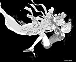  2others androgynous bracelet commentary face-to-face facing_another floating floating_hair from_side gem_uniform_(houseki_no_kuni) golden_arms greyscale hair_bun highres houseki_no_kuni jewelry lililin liquid loafers looking_at_another monochrome multiple_others necktie other_focus phosphophyllite puffy_short_sleeves puffy_sleeves robe see-through_silhouette shawl shoes short_hair short_sleeves shorts signature simple_background strangling surprised tsuki_jin updo 