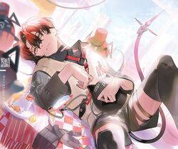  1boy black_choker black_hair black_shorts black_thighhighs cake choker copyright_name creature food holostars holostars_english knee_up looking_at_viewer lying machina_x_flayon machina_x_flayon_(2nd_costume) machiroon_(machina_x_flayon) male_focus mechanical_tail mixed-language_commentary multicolored_hair official_alternate_costume official_art on_back qr_code r-trus_(machina_x_flayon) shokuen_(oxstl) short_hair shorts solo tail thighhighs two-tone_hair virtual_youtuber yellow_eyes 