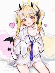  10_04ten :d black_horns black_tail blonde_hair blue_archive blue_necktie collarbone demon_horns demon_tail demon_wings female halo heart heart-shaped_pillow highres horns ibuki_(blue_archive) looking_at_viewer naked_shirt necktie oversized_clothes oversized_shirt pillow shirt shirt_slip sleeves_past_wrists smile solo tagme tail white_shirt wings yellow_eyes yellow_halo 