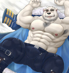  1boy a3_lion abs absurdres another_eidos-r bara bear_boy beard_stubble bulge chest_tuft cross_scar facial_hair furry furry_male highres huge_eyebrows large_pectorals lying male_focus mature_male muscular muscular_male navel nipples on_back pectorals sanpaku scar sigvaldi_(another_eidos) solo spread_legs stomach strongman_waist stubble topless_male 