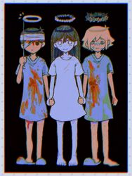  2boys bandage_over_one_eye bandages bandaid bandaid_on_face basil_(faraway)_(omori) basil_(omori) black_background black_hair blonde_hair blood blood_on_clothes blood_on_face border brother_and_sister bruise bruised_eye death dress fake_halo female halo head_wreath highres holding_hands hospital_gown injury long_hair mari_(faraway)_(omori) mari_(omori) milkymilkyshark multiple_boys noose official_alternate_costume omori one_eye_closed sandals short_hair short_sleeves siblings spoilers sunny_(omori) white_border white_dress white_eyes 