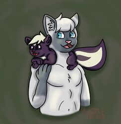  2022 ambiguous_gender anthro blue_eyes brown_nose carrying_another catsby_mcyifferson digital_drawing_(artwork) digital_media_(artwork) domestic_cat duo felid feline felis feral fur green_background grey_body grey_fur head_tuft hi_res humanoid_hands male male_anthro mammal mephitid navel nude on_shoulders open_mouth open_smile paws pecs pink_nose pink_tongue purple_body purple_fur razzle_(razzle_the_red) razzle_the_red shaded siamese simple_background skunk smile soft_shading tail tongue tuft white_body white_fur 