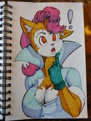  2019 3:4 anthro big_breasts blue_clothing blue_gloves blue_handwear breasts clothed clothing domestic_cat exclamation_point felid feline felis female fur gloves hair handwear hi_res mammal monique_pussycat multicolored_body multicolored_fur open_mouth orange_eyes pink_hair rezrezzy solo super_fuck_friends traditional_media_(artwork) two_tone_body two_tone_fur yellow_body yellow_fur 