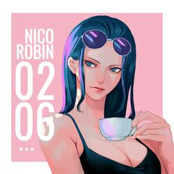  ... artist_name bare_shoulders black_hair blue_eyes breasts character_name closed_mouth commentary_request cup eyewear_on_head female holding holding_cup k164 long_hair nico_robin one_piece round_eyewear solo sunglasses teacup 