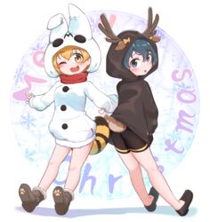  2girls :3 alternate_costume animal_costume animal_ears antlers bike_shorts black_hair blonde_hair blue_eyes boots brown_footwear brown_shorts brown_sweater cat_ears cat_girl cat_tail chis_(js60216) christmas deer_ears deer_tail extra_ears fake_animal_ears fake_tail highres hood hood_up horns kaban_(kemono_friends) kemono_friends loafers long_sleeves multiple_girls oerba_yun_fang one_eye_closed open_mouth paw_print_soles red_scarf reindeer_antlers reindeer_costume scarf serval_(kemono_friends) serval_print shoes short_hair shorts snowman_costume sweater tail white_sweater yellow_eyes 