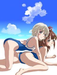  2girls all_fours barefoot blue_one-piece_swimsuit blue_sky brown_eyes brown_hair cloud competition_swimsuit feet_out_of_frame hal-py high_school_fleet highres irizaki_mei long_hair looking_at_viewer multiple_girls one-piece_swimsuit ponytail school_swimsuit short_hair sky swimsuit tateishi_shima two-tone_swimsuit white_hair yokosuka_girls_marine_high_school_swimsuit 