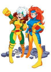  2girls artist_logo artist_name bodysuit boots breasts brown_hair commentary green_eyes hand_on_own_hip highres horikoshi_kouhei_(style) jean_grey knee_boots large_breasts long_hair looking_at_viewer marvel multicolored_hair multiple_girls red_hair rogue_(x-men) sonchapo white_hair x-men x-men:_the_animated_series yellow_footwear 