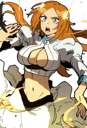  absurdres black_trim bleach bleach:_sennen_kessen-hen blue_collar breasts cleavage cleavage_cutout clothing_cutout collar crop_top dutch_angle eyelashes female floating_hair forehead grey_eyes groin hand_up highres inoue_orihime isaacchief300 large_breasts long_hair long_skirt looking_ahead midriff navel official_alternate_costume open_hands open_mouth orange_hair parted_bangs puffy_sleeves shun_shun_rikka simple_background skirt sleeve_cuffs sleeves_past_elbows solo stomach surprised teeth tongue unmoving_pattern v-shaped_eyebrows white_background wide-eyed wind wind_lift 