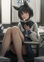  absurdres animal_ears ass bad_id bad_pixiv_id black_eyes black_hair black_nails black_sailor_collar black_skirt blue_archive blue_halo blue_neckerchief blush book cat_ears cat_tail feet_out_of_frame female fingernails gileu halo highres holding holding_book kikyou_(blue_archive) long_sleeves looking_at_viewer multiple_tails nail_polish neckerchief open_mouth pleated_skirt sailor_collar short_hair skirt solo tail two_tails 