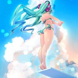  aqua_eyes aqua_hair barefoot bikini blue_sky cloud commentary diving_board el_quijote female from_below full_body hatsune_miku headphones headset legs long_hair open_hands outstretched_arms side-tie_bikini_bottom sky soles solo striped_bikini striped_clothes swimsuit tiptoes twintails vocaloid 