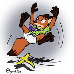  1:1 anthro banana_peel barefoot black_pawpads bottomwear brown_body brown_fur canid canine clothing disney feet fox fur geekfox gradient_background green_button-down_shirt green_clothing green_shirt green_topwear grey_background male mammal motion_lines necktie nick_wilde orange_body orange_fur pattern_necktie pawpads purple_necktie red_fox shirt shorts signature simple_background slipping solo striped_necktie topwear true_fox white_bottomwear white_clothing white_shorts zootopia 