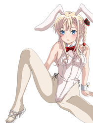  animal_ears blonde_hair blue_eyes bow bowtie braid detached_collar fake_animal_ears female hal-py high_school_fleet highres leotard long_hair one_side_up pantyhose playboy_bunny rabbit_ears red_bow red_bowtie side-tie_leotard simple_background single_braid solo spread_legs toeless_footwear white_background white_leotard white_pantyhose wilhelmina_braunschweig_ingenohl_friedeburg wrist_cuffs 