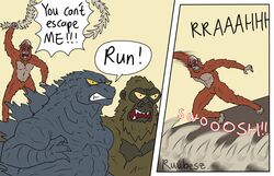  attack bald english_text feral fur godzilla godzilla_(series) group hi_res king_kong male running ruubeszdraws scales simple_background skar_king sound_effects speech_bubble text toho trio whip 