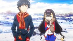  1boy animated black_hair blue_eyes female headband kamijou_touma lessar long_hair mountain mountains scarf skirt snow to_aru_majutsu_no_index 