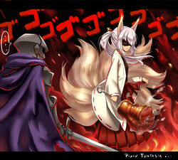  ... 1boy animal_ears armor bad_id bad_pixiv_id battle blonde_hair bobomaster cape commentary_request dwight_(pffk) fantasy female food fox_ears fox_tail hand_on_hilt holding holding_sword holding_weapon kitsune knight kyuubi long_hair meat multiple_tails photoshop_(medium) pixiv_fantasia pixiv_fantasia_fallen_kings red_eyes steam sword tail weapon wind wind_lift 