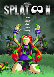  3girls arms_up backpack bag battle bike_shorts black_shorts clothes_writing commentary defeat english_commentary english_text full_body gameplay_mechanics goggles grass green_hair gym_uniform headgear high_ponytail holding holding_weapon ink_tank_(splatoon) inkling inkling_girl inkling_player_character kneeling long_hair looking_up monster_girl multiple_girls open_mouth orange_hair paint paint_splatter palm_tree parody photoshop_(medium) platoon pointy_ears ponytail purple_shirt rainforest scylla sergeant_gordon_elias shirt short_sleeves shorts sidelocks solo_focus splatoon_(series) splatoon_1 splatter splattershot_(splatoon) split_ponytail standing super_soaker sweatband tentacle_hair topknot tree velox video_game weapon 