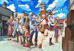  4boys 4girls agate_crosner ascot bag belt bike_shorts bird black_hair blonde_hair blue_eyes bo_staff boots breasts brown_eyes brown_hair building cannon cleavage_cutout clock clock_tower clothing_cutout cloud cloudy_sky collared_shirt crate dagger dark_skin day eiyuu_densetsu estelle_bright facial_mark forehead_mark gauntlets goggles goggles_on_headwear greatsword grey_hair gun hat headband jacket joshua_bright kloe_rinz knife long_hair looking_at_viewer medium_breasts miniskirt multiple_boys multiple_girls official_art olivert_reise_arnor open_mouth orange_eyes overall_shorts overalls pants pantyhose parted_bangs pelvic_curtain purple_hair rapier red_eyes red_hair sandals sarong sash satchel scherazard_harvey school_uniform shirt shoes short_hair shorts sieg_(eiyuu_densetsu) skirt sky smile sora_no_kiseki spiked_hair staff sword thighhighs tita_russell tower twintails weapon weather_vane whip window zin_vathek 