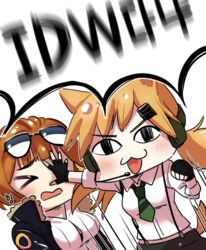  2girls 2ta2ta :3 aviator_sunglasses blonde_hair blush brown_hair cat_tail commentary_request eyewear_on_head fur_trim girls&#039;_frontline glasses gloves grizzly_mkv_(girls&#039;_frontline) hand_on_another&#039;s_face idw_(girls&#039;_frontline) jacket multiple_girls necktie sunglasses tail twintails 