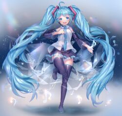  :d absurdly_long_hair absurdres ahoge aqua_eyes aqua_hair boots commentary detached_sleeves female full_body hand_on_own_chest hatsune_miku headset highres komadori_ui long_hair looking_at_viewer musical_note necktie open_mouth skirt smile solo standing standing_on_one_leg symbol-only_commentary thigh_boots thighhighs twintails very_long_hair vocaloid 