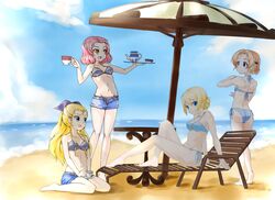  4girls arm_support assam_(girls_und_panzer) beach beach_chair beach_umbrella bikini black_bow black_ribbon blonde_hair blue_bikini blue_eyes blue_shorts bow braid breasts brown_eyes closed_mouth cloud cloudy_sky commentary_request cup darjeeling_(girls_und_panzer) day denim denim_shorts from_behind girls_und_panzer hair_pulled_back hair_ribbon hairbow highres holding leaning_back legs long_hair looking_at_another looking_at_viewer lying medium_breasts multiple_girls navel ocean on_back open_mouth orange_hair orange_pekoe_(girls_und_panzer) outdoors parted_bangs red_hair ribbon rosehip_(girls_und_panzer) sand saucer shade shadow short_hair short_shorts shorts side-tie_bikini_bottom sitting sky smile standing striped_bikini striped_clothes swimsuit teacup thighs tied_hair toon_(noin) tray twin_braids umbrella unzipped wariza 