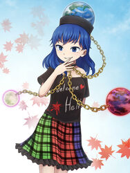  autumn_leaves bare_shoulders black_shirt blue_eyes blue_hair chains choker cloud commentary_request cowboy_shot day earth_(ornament) female gold_chain gradient_background heart hecatia_lapislazuli hecatia_lapislazuli_(earth) moon_(ornament) multicolored_clothes multicolored_skirt off-shoulder_shirt off_shoulder plaid plaid_skirt shirt skirt sky smirk solo t-shirt touhou ys_(fall) 