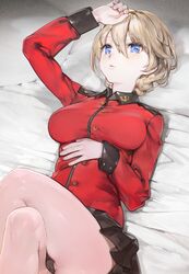  aos arm_up black_panties black_skirt blonde_hair blue_eyes blush braid breasts commentary_request crossed_legs darjeeling_(girls_und_panzer) female girls_und_panzer hair_between_eyes jacket large_breasts light_brown_hair lying military military_jacket military_uniform on_back panties pleated_skirt red_jacket short_hair skirt solo st._gloriana&#039;s_military_uniform thighs underwear uniform 