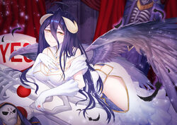  ahoge ainz_ooal_gown albedo bed dakimakura dress female gloves hair_between_eyes hip_vent horns indoors long_hair looking_at_viewer overlord_(maruyama) slit_pupils smile white_dress white_gloves wings yellow_eyes 