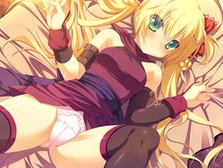  bed bed_sheet blonde_hair blush female game_cg green_eyes leg_up long_hair lying narumi_yuu_(bunbukudou) official_art on_back oni_gokko! panties pink_panties solo sumiyoshi_kureha sweat thighhighs twintails underwear 