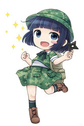  :d backpack bag black_hair blunt_bangs blush_stickers boots brown_footwear camouflage camouflage_headwear camouflage_shirt camouflage_skirt chibi commentary_request dark_haired_kappa female green_eyes holding kappa_mob_(touhou) looking_at_viewer no_nose open_mouth shirt shoes short_hair short_sleeves skirt skirt_set smile solo sparkle touhou ys_(fall) 