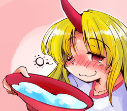  alcohol blonde_hair blush commentary cup drunk female horns hoshiguma_yuugi looking_at_viewer one_eye_closed red_eyes sakazuki sake shinapuu single_horn smile solo squeans touhou 