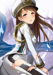  aiguillette blush brown_eyes brown_hair commentary_request earrings female hat highres idolmaster idolmaster_cinderella_girls idolmaster_cinderella_girls_starlight_stage jewelry long_hair military military_hat military_uniform natsuya_(natuya777) naval_uniform nitta_minami pants peaked_cap seizon_honnou_valkyria_(idolmaster) solo torn_clothes torn_pants uniform 